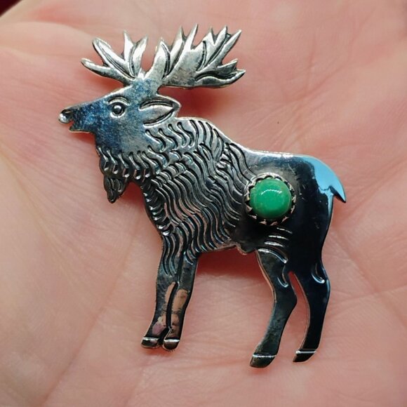 Handmade Sterling Silver & Turquoise Moose or Elk Pendant 2" Long - Picture 2 of 6